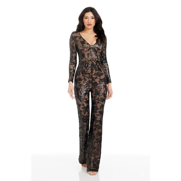 DRESS THE POPULATION Carson Sequin Leopard Jumpsuit XXS Black/Multi NWOT - Picture 2 of 8